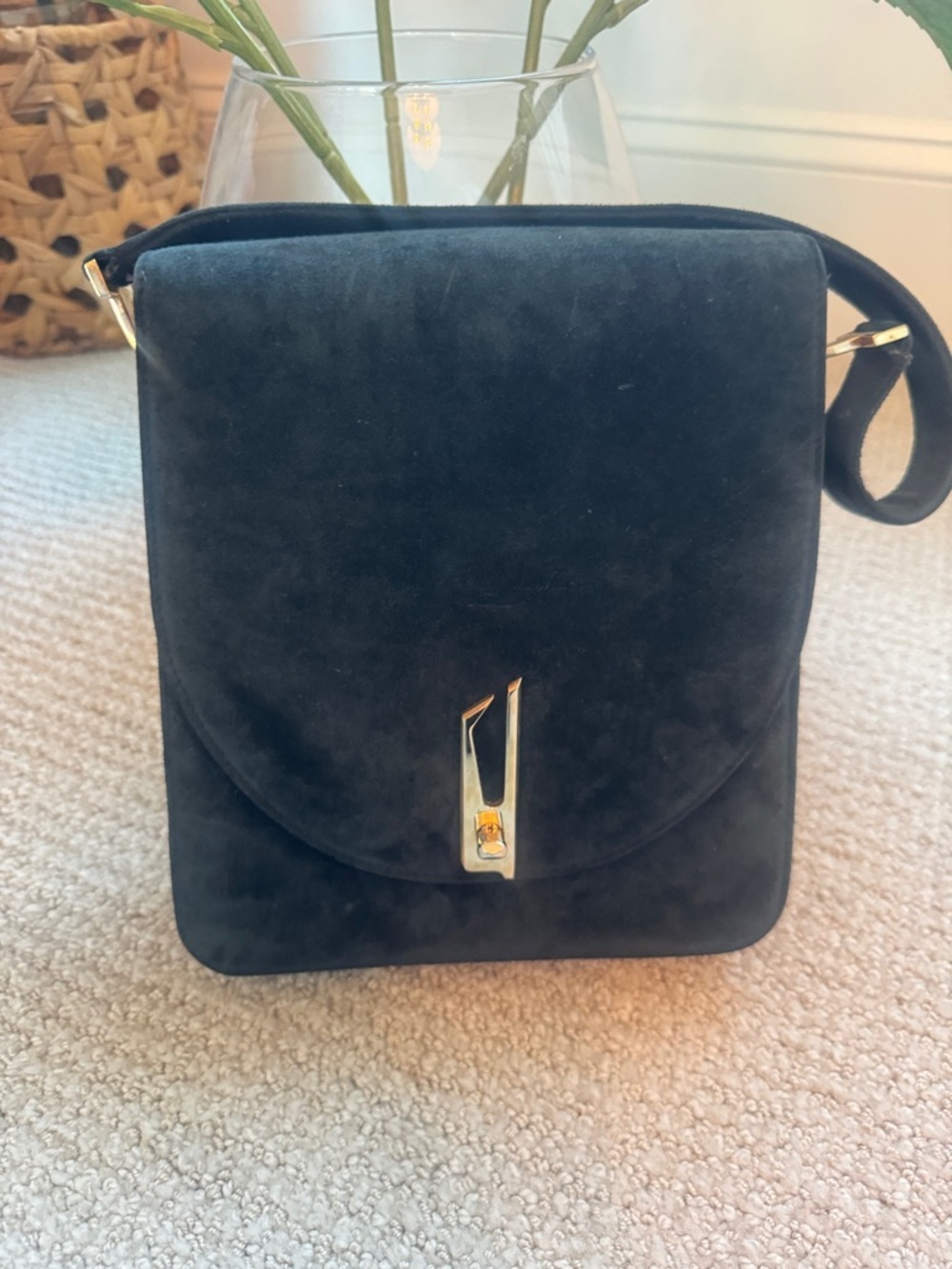 Vintage Black/ Dark Blue Suede Crossbody Bag with Gold Tone Hardware
